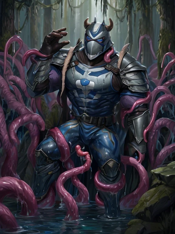 masked, Superhero, hero, strong and robust male, Armor, Tentacle entanglement, uniform, Binding hands togethe, Foreign object invasion, monster breeding, wet, slime, tentacles, slimy tentacles, monster and human breeding, Complete wearing of trousers, Do not expose the reproductive organs