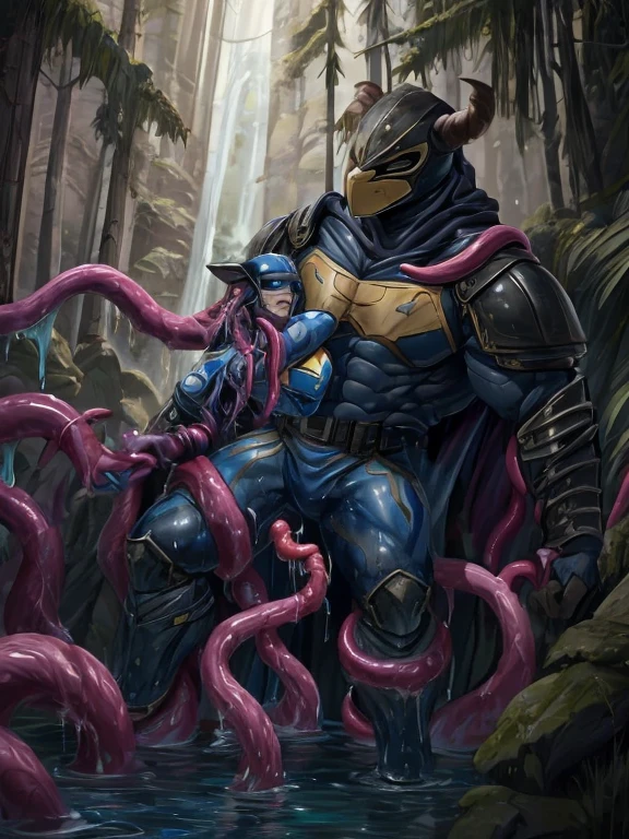 masked, Superhero, hero, strong and robust male, Armor, Tentacle entanglement, uniform, Binding hands togethe, Foreign object invasion, monster breeding, wet, slime, tentacles, slimy tentacles, monster and human breeding, Complete wearing of trousers, Do not expose the reproductive organs