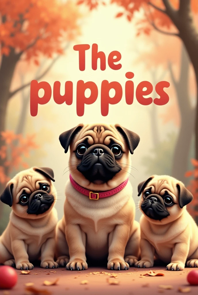 Background with large letters in the middle that say “The puppies” and a brown pug wearing a pink collar.