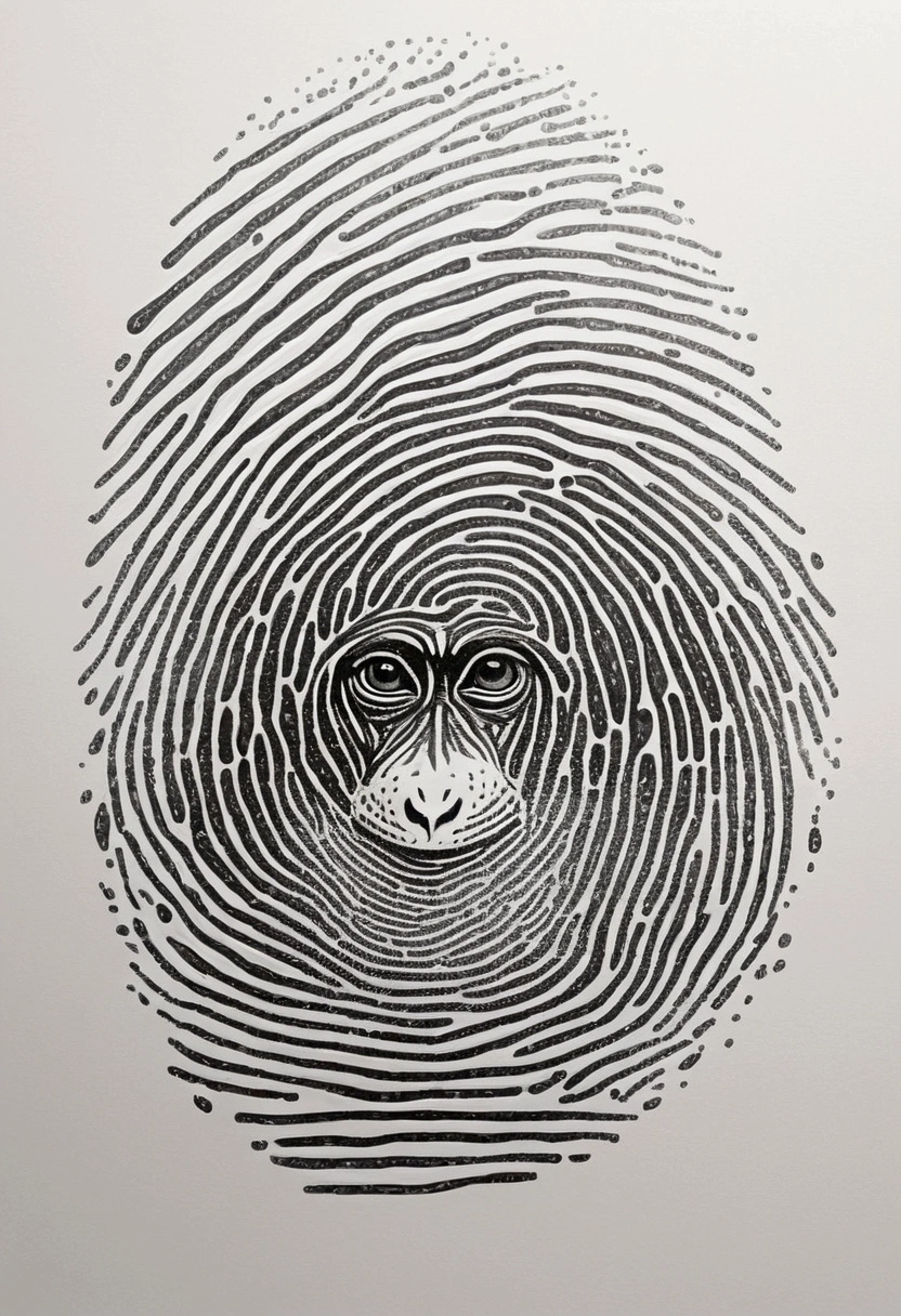 Monkey with little horns in art style of a fingerprint, like a black paint in water effect, black line, non-realistic, black on white