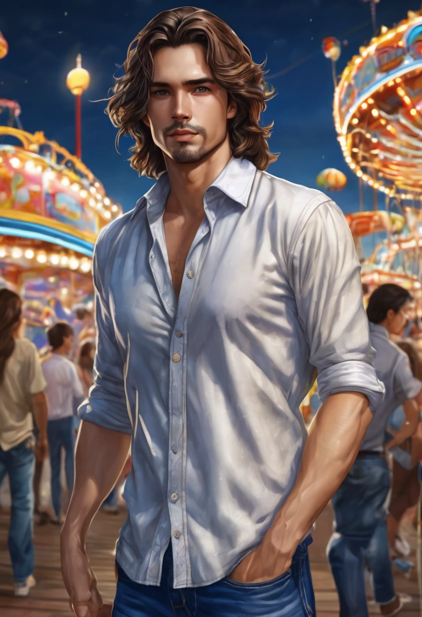 (good quality), (many details), (masterpiece), man (30 years), handsome, brown shoulder-length hair, stray, charismatic, shirt (blue and white), jeans, at night, funfair