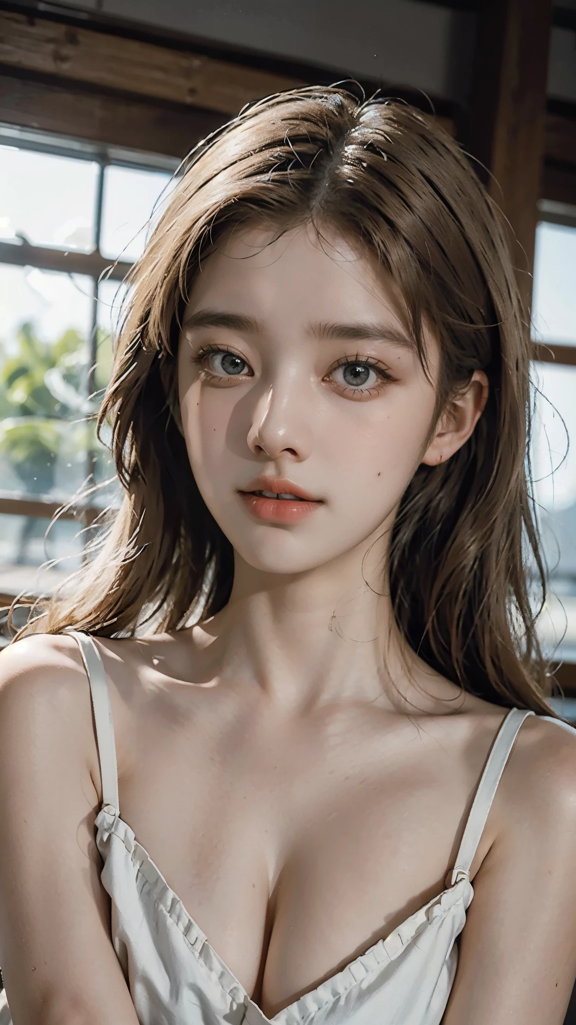 masterpiece, highest quality, ultra detail, illustration, beautiful detail, depth of field, dynamic angle, 8k wallpaper, portrait, best light and shadow quality, 4k, 8k, cg, fine detail, blurred background, upper body, contemporary, dress, blonde, long hair, beautiful eyes, beautiful splash