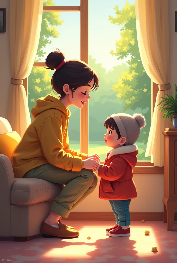 masterpiece, Highest quality, 8k, high details, Cute pixel art:1.3, A mother is handing her child a hat and a coat in a cozy, sunlit room. The child looks excited as they prepare to go to the park. Outside the window, a green park can be seen, inviting and peaceful. The room is filled with soft, warm colors, and the mother’s expression is caring and attentive.
