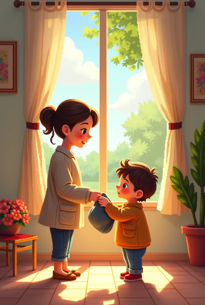 Brown-haired son helping his parents at home and wearing a white robe