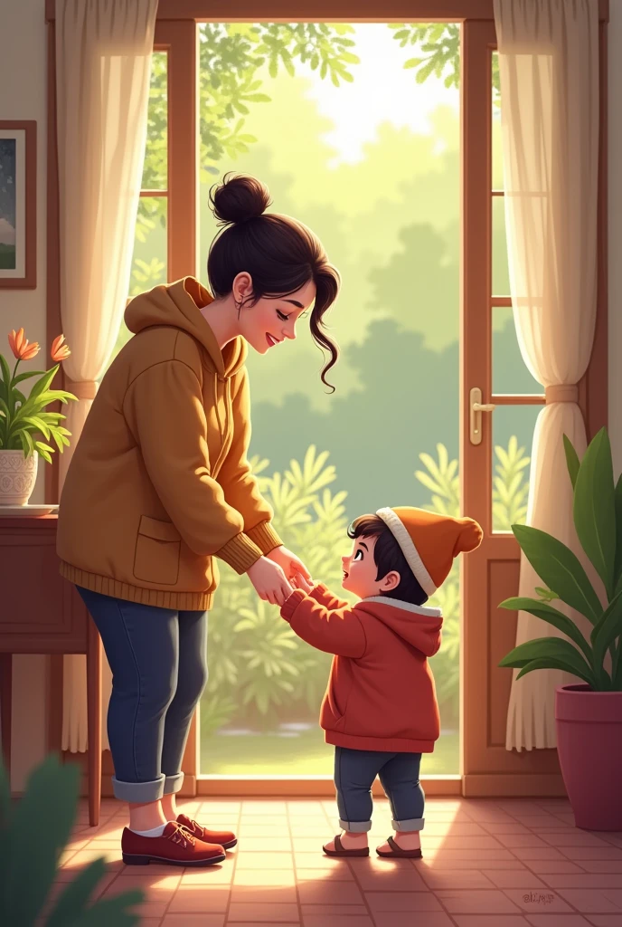 masterpiece, Highest quality, 8k, high details, Cute pixel art:1.3, A mother is handing her child a hat and a coat in a cozy, sunlit room. The child looks excited as they prepare to go to the park. Outside the window, a green park can be seen, inviting and peaceful. The room is filled with soft, warm colors, and the mother’s expression is caring and attentive.
