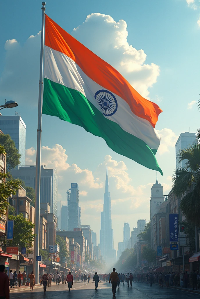 India as a developed nation 2047 with a big Indian flag inside the city