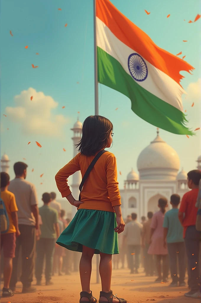 Make a photo for 15 august 2024 independent and a girl salute indian flag and girl name is shweta