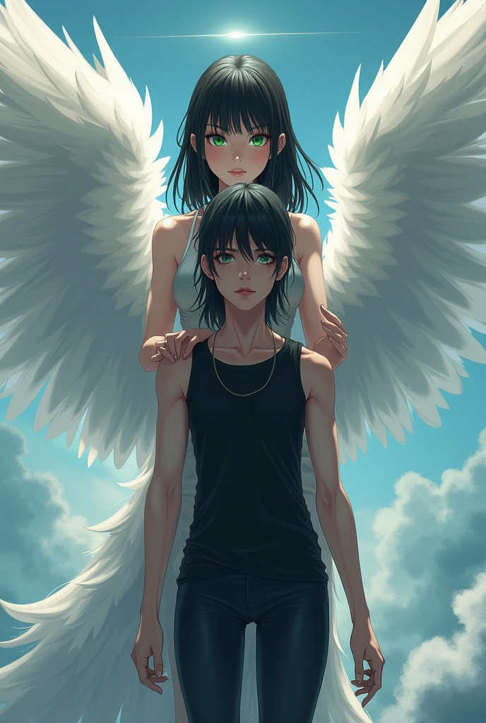A young teenage man with a pair of wings one side of his wings are white is the other and black the young man is on his back is naked