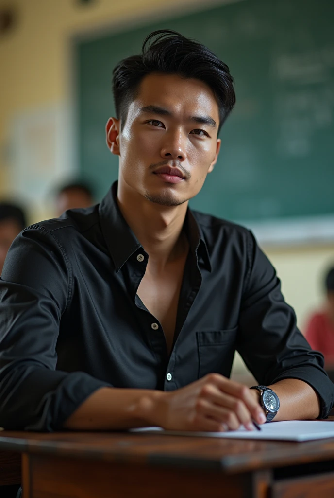 Vietnamese gentleman, 25 years old,super big breasts ,teacher,shiny tight clothes, tanned skin,Handsome and elegant, Wearing a uniform, sexy , Masculine and handsome,musculous,Muscles look good,,, Full body photo,(ultra-detailed, photorealistic, best quality, 4k, 8k, highres, masterpiece:1.3), a mature man, charming and distinguished , (muscular build body), wearing tailored shiny dress shirt, sweat, unbutton buttons shirt, lewd face ,tight chest, sex,See-through shirt, erotic, horny, , Accessories include a luxury wristwatch, in the Classroom,looking at viewer,muscle veins,no underwear ,Tight shirt makes muscle,unbutton,six pack,squat,view from below