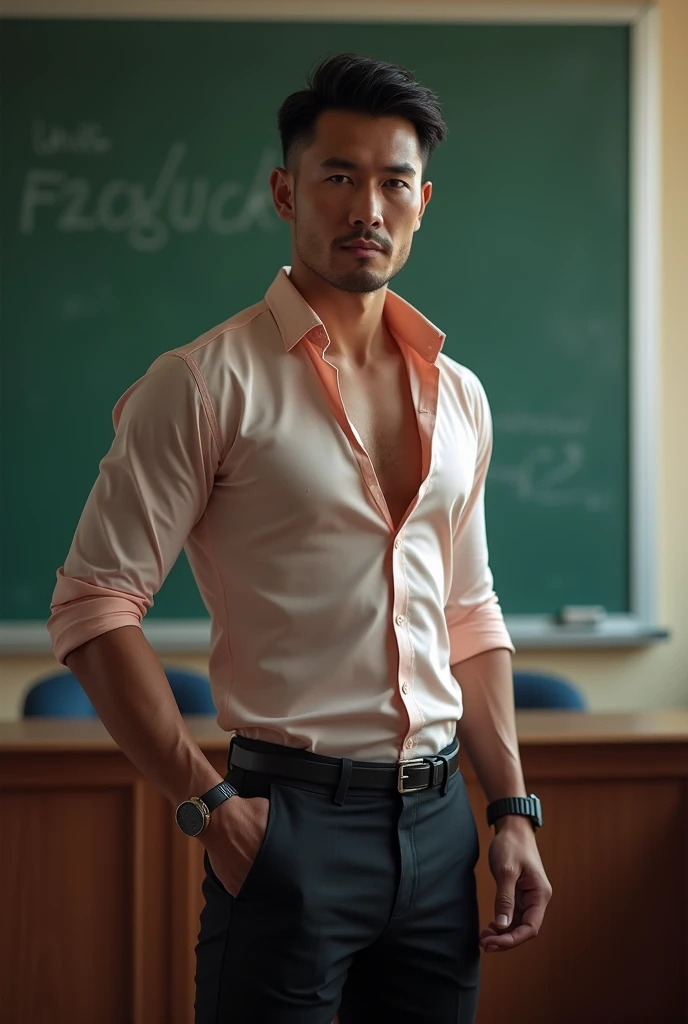 Vietnamese gentleman, 25 years old,super big breasts ,teacher,shiny tight clothes, tanned skin,Handsome and elegant, Wearing a  uniform, sexy , Masculine and handsome，musculous，Muscles look good,,, Full body photo,(ultra-detailed, photorealistic, best quality, 4k, 8k, highres, masterpiece:1.3), a mature man, charming and distinguished , (muscular build body), wearing tailored shiny  dress shirt,  sweat, unbutton buttons shirt, lewd face ,tight chest, sex,See-through shirt, erotic, horny, , Accessories include a luxury wristwatch, in the Classroom‎,looking at viewer,muscle veins,no underwear ,Tight shirt makes muscle,unbutton,six pack,squat,view from below