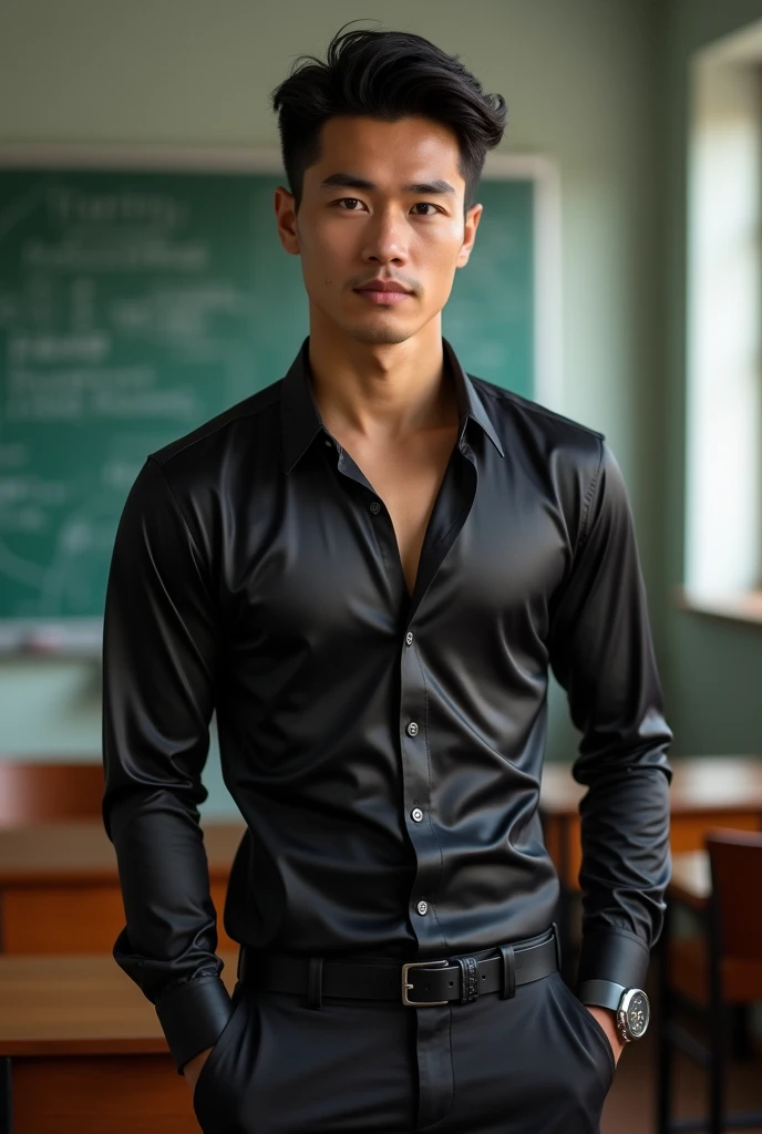 Vietnamese gentleman, 25 years old,super big breasts ,teacher,shiny tight clothes, tanned skin,Handsome and elegant, Wearing a uniform, sexy , Masculine and handsome,musculous,Muscles look good,,, Full body photo,(ultra-detailed, photorealistic, best quality, 4k, 8k, highres, masterpiece:1.3), a mature man, charming and distinguished , (muscular build body), wearing tailored shiny dress shirt, sweat, unbutton buttons shirt, lewd face ,tight chest, sex,See-through shirt, erotic, horny, , Accessories include a luxury wristwatch, in the Classroom,looking at viewer,muscle veins,no underwear ,Tight shirt makes muscle,unbutton,six pack,squat,view from below