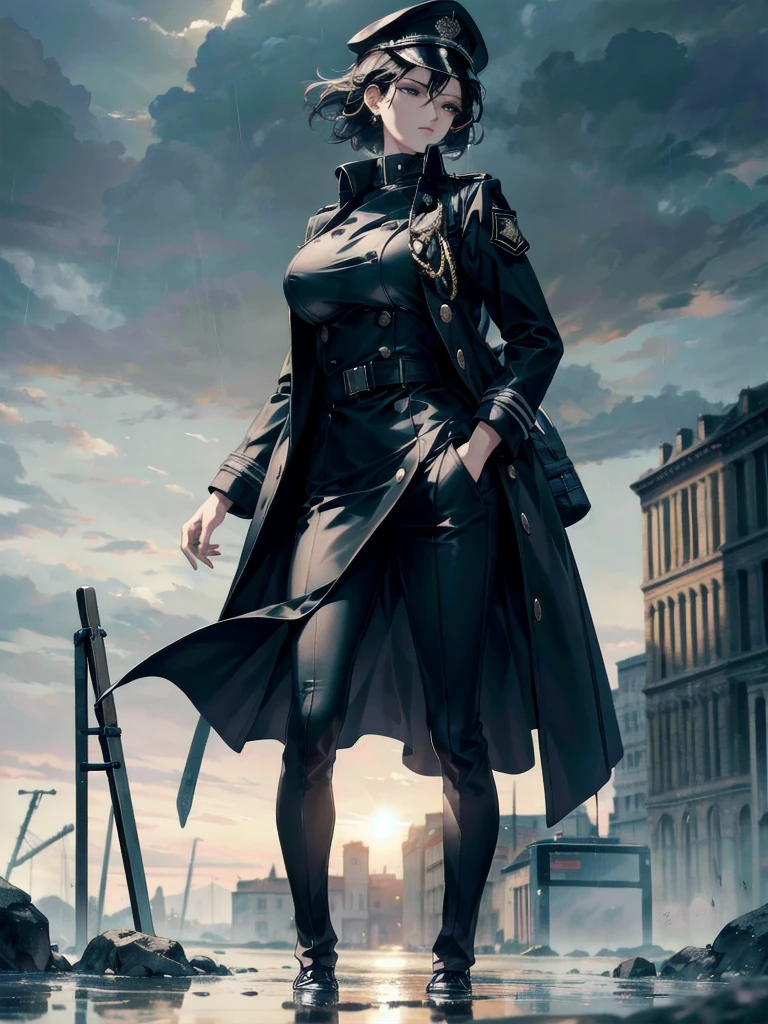 absurdres, RAW photo, extremely delicate and beautiful, masterpiece, Best Quality, ultra high resolution, 32k, hyper realistic, ultra-detailed, Very detailed CG 8k wallpaper, detailed background, landscape, Beautiful Lighting, Perfect Lightning, Realistic Shadows, perfect anatomy, anatomically correct, ideal ratio body proportions, perfect figure, Perfect Style, Perfect balance, super Detailed skin, in her 30s, very Slim body, narrow waist, very small head, very small face, delicate facial features, handsome detailed woman, very detailed eyes and face, realistic face proportions, Realistic beautiful face, Realistic beautiful eyes, tearful mole, earring, very huge round tits, medium short hair, asymmetrical hair, wavy hair, outdoor, black cap, black military uniform, black trench coat, long trench coat, wet clothes, hands in pockets, heavy rain, cloudy, standing,