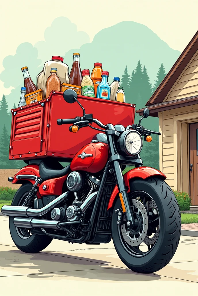 Large red cargo motorcycle with drinks, cereals, bottled milk, bean bag, packaged bread, behind the back of a house with a triangular roof, cartoon style freehand drawing