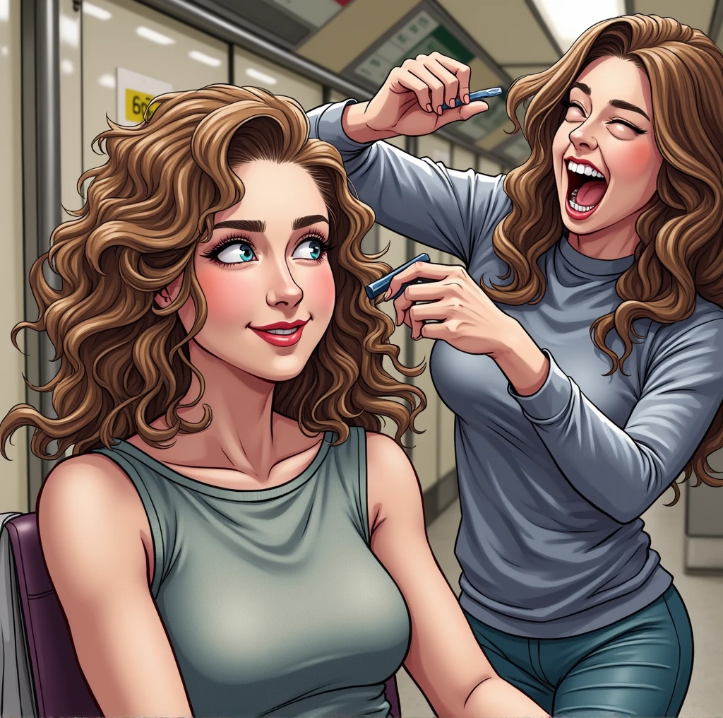 illustrate the scene of the three naked girls in the subway station, focusing on the central girl who gets her hair shaved, on the playful atmosphere and laughter and the detailed depiction of the shine and texture of the curls.