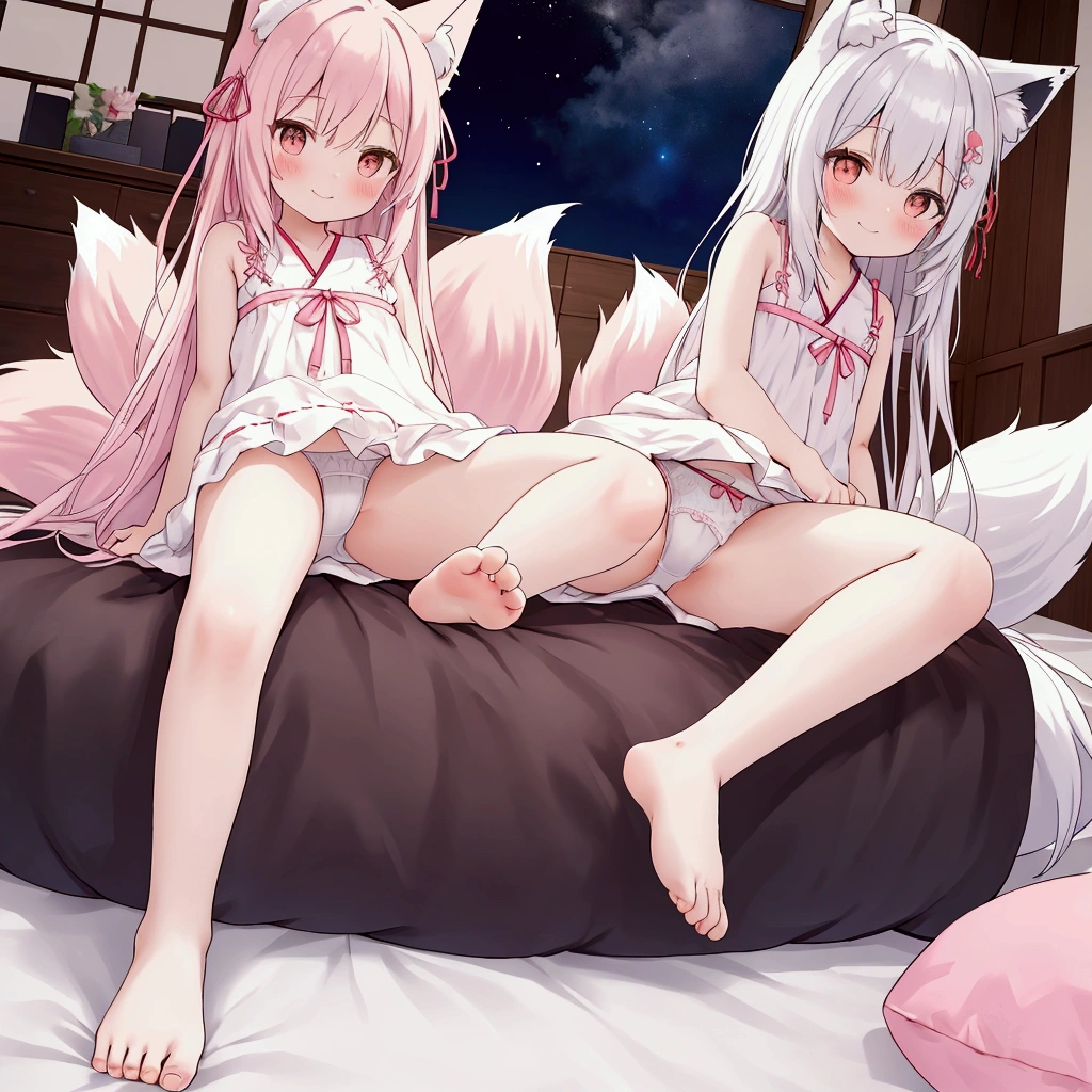 Highest quality, masterpiece, detailed, One person,(Single), small,cute,blush,smile,(Sundress),Long Hair,Cat ear,(Fox tail),(White futon), sitting on a futon, Spread your legs, Hands behind back, (From below), Japanese-style room, night, darkness, Perfect Legs,barefoot, nsfw, White panties with a pink ribbon