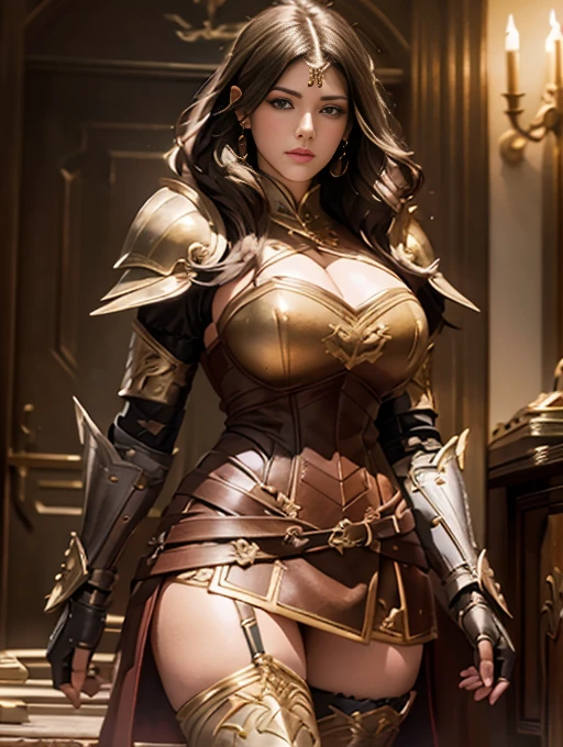 tmasterpiece,High-definition CG diagram,Beautiful female warrior,Detailed eyes and face,Tall figure,Full armor attire,Extra-long leather boots,Over-the-knee leather boots,Inside over the knee stockings,Brilliant armor colors,Exquisite decoration,General temperament,Tall figure,Wide buttock,Thick legs,A majestic sight,Stand in the war