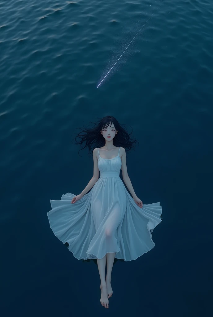 best quality, detailed, beautiful, insanely detailed, absurdres,perfect anatomy, Japanese female,black hair,27 years old, (slender), (small breasts best quality), 
lake, blissful, sleepy, (floating:1.2), messy hair, (plain white dress), (Scene of lying and floating on the surface of the lake:1.2),a single large shooting star falling, (at midnight), full body shot, overhead shot, darkness