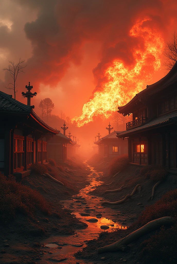 Ancient Japanese village destroyed and burned with red tones