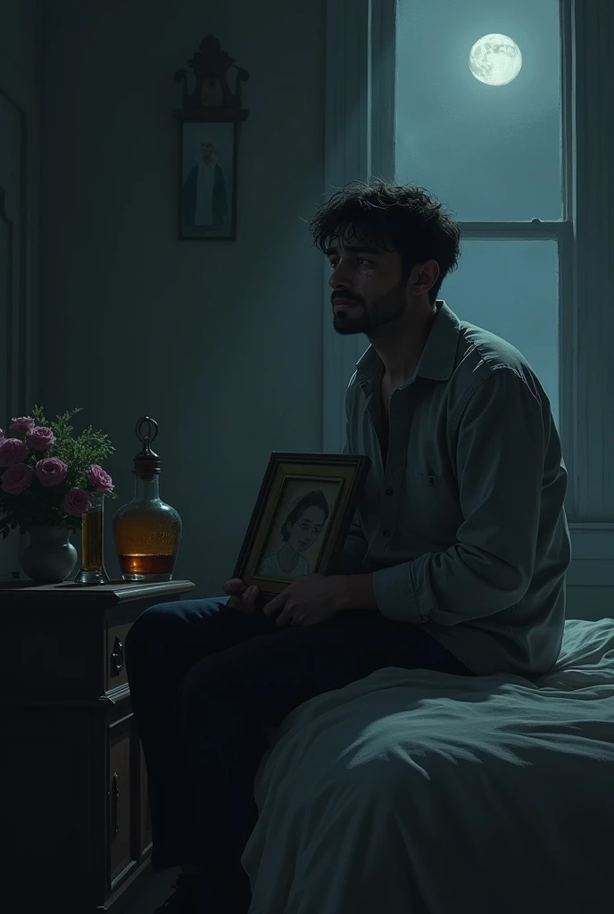 Man sitting on the edge of the bed, a portrait in his hand, sad, melancholy, sobbing, remembering, To the woman who left forever, drowning his sorrow with several bottles of alcohol, a dimly lit room, dark, sober, wishing to die to be with her, some reflections of the moonlight subtly enter, on the bureau some flowers he never delivered, 