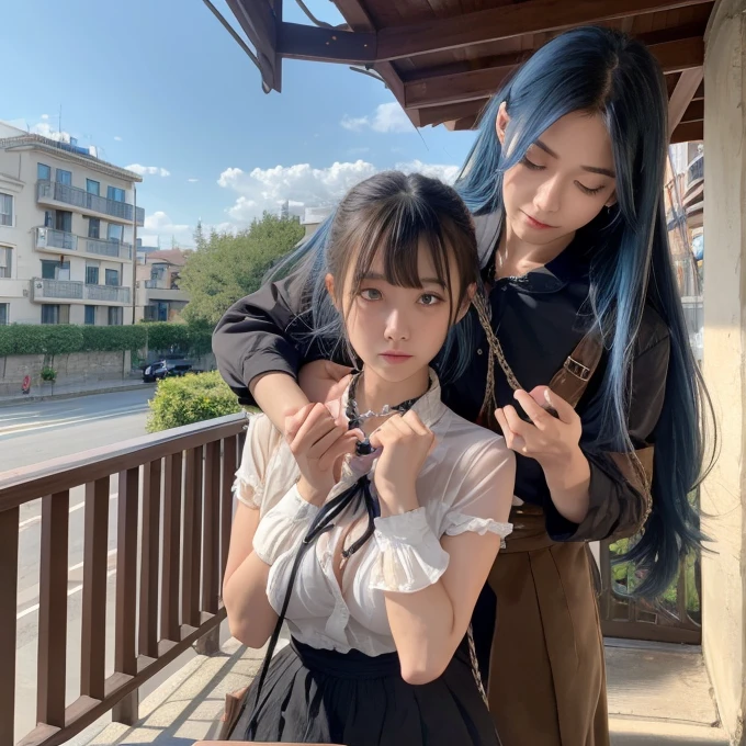 masterpiece, goblinriding, a goblin is riding a girl, goblin, goblins, (all fours), 1girl, (greek clothes:1.1), (nose hook), reins, collar, chain, rope, long hair, blue hair, ponytail, hair ribbon, brown eyes, Tsuruga Ami, Megami no Cafe Terrace, huge breast, blank eyes, empty eyes, obey, mind control, in trance, happy trance