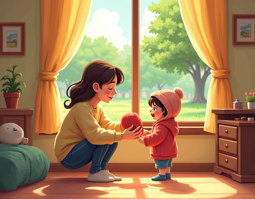 masterpiece, Highest quality, 8k, high details, Cute pixel art:1.3, A mother is handing her child a hat and a coat in a cozy, sunlit room. The child looks excited as they prepare to go to the park. Outside the window, a green park can be seen, inviting and peaceful. The room is filled with soft, warm colors, and the mother’s expression is caring and attentive.