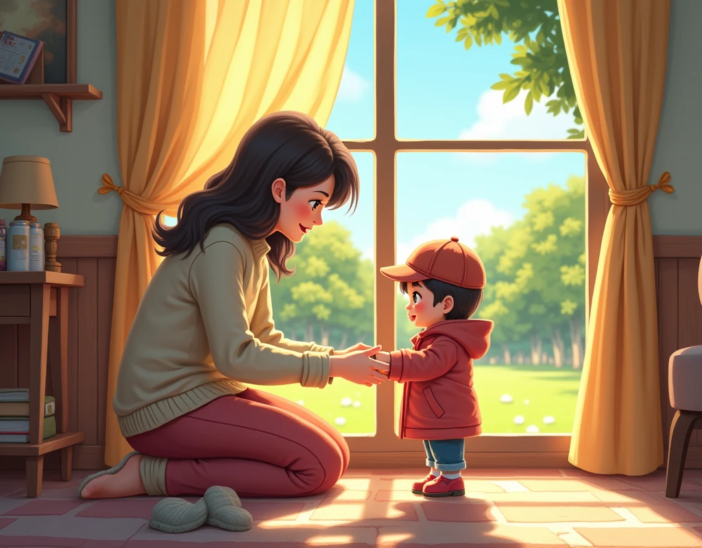masterpiece, Highest quality, 8k, high details, Cute pixel art:1.3, A mother is handing her child a hat and a coat in a cozy, sunlit room. The child looks excited as they prepare to go to the park. Outside the window, a green park can be seen, inviting and peaceful. The room is filled with soft, warm colors, and the mother’s expression is caring and attentive.