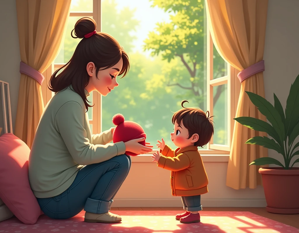 masterpiece, Highest quality, 8k, high details, Cute pixel art:1.3, A mother is handing her  a hat and a coat in a cozy, sunlit room. The child looks excited as they prepare to go to the park. Outside the window, a green park can be seen, inviting and peaceful. The room is filled with soft, warm colors, and the mother’s expression is caring and attentive.