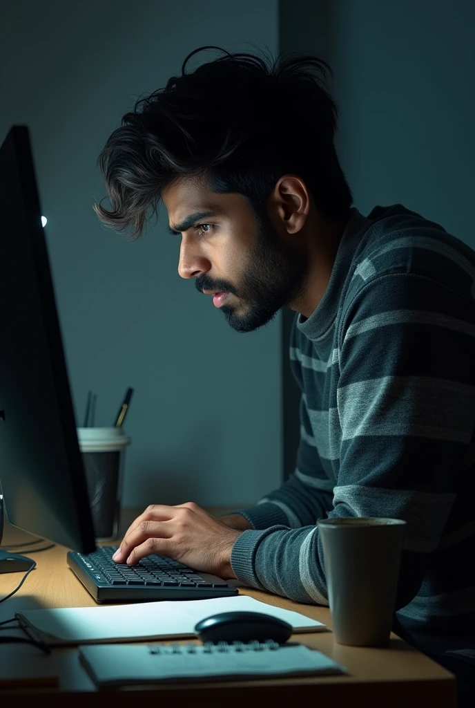 
 Create a realistic image of a young Indian man with dark hair, wearing a striped sweater, sitting at a desk. He should have a distressed and anxious expression, with wide eyes and furrowed brows, as he rests his arms and head on the desk, staring at an empty computer screen. The screen should be on the left, slightly angled towards him, and the man should be on the right in a side pose. The desk should have a keyboard, mouse, a coffee mug, a notebook, and a pen. The lighting should be dim, with soft shadows, coming from a lamp or overhead light, illuminating the man's face and the screen. The background should be neutral and minimalistic. The camera angle should be slightly above eye level, capturing his face and upper body, emphasizing his anxiety and distress.