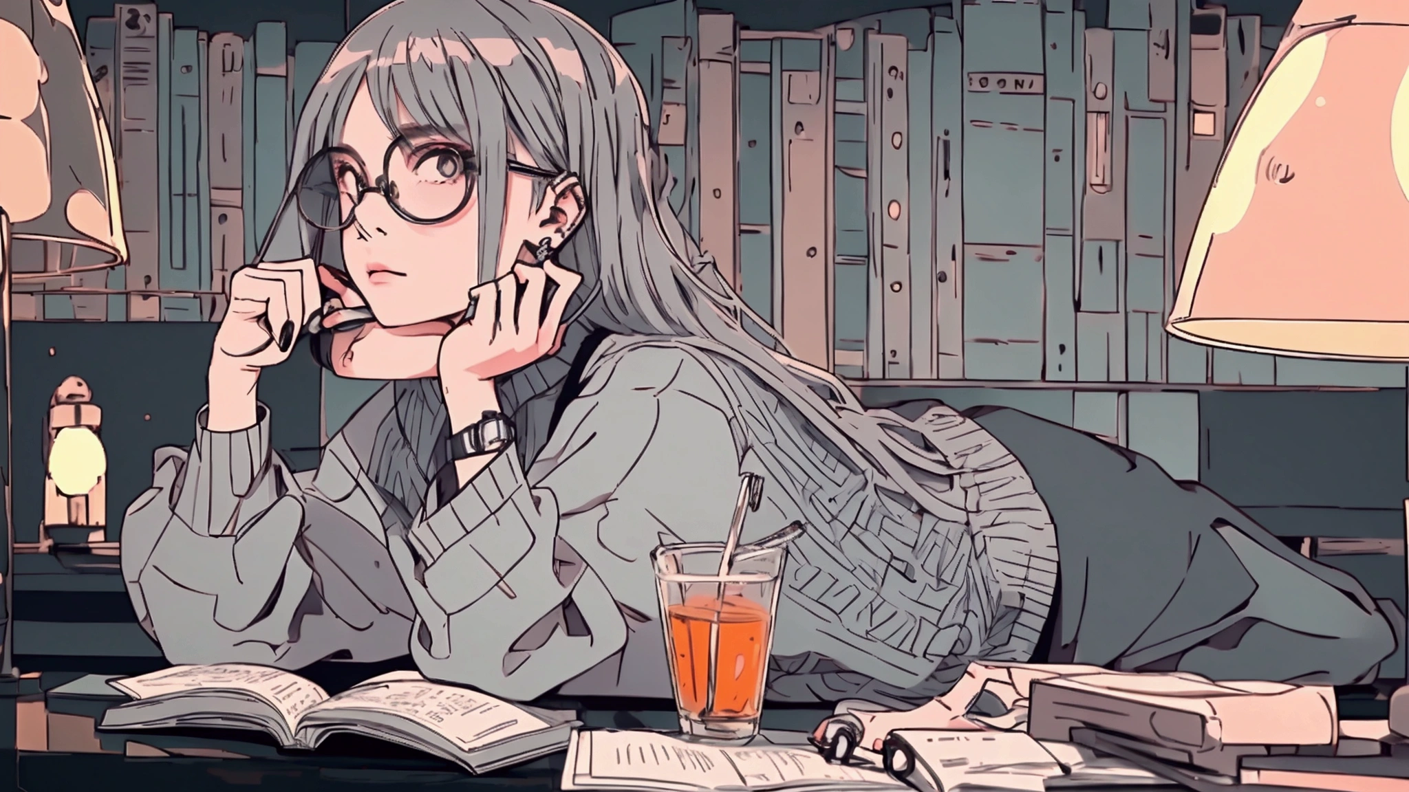 1 woman, attractive, detailed face, relaxed face expression, detailed hair, gray color hair, wearing boxy white shirt, black skirt, glasses, reading book at night in library, lit by dim lamp, all muted tones