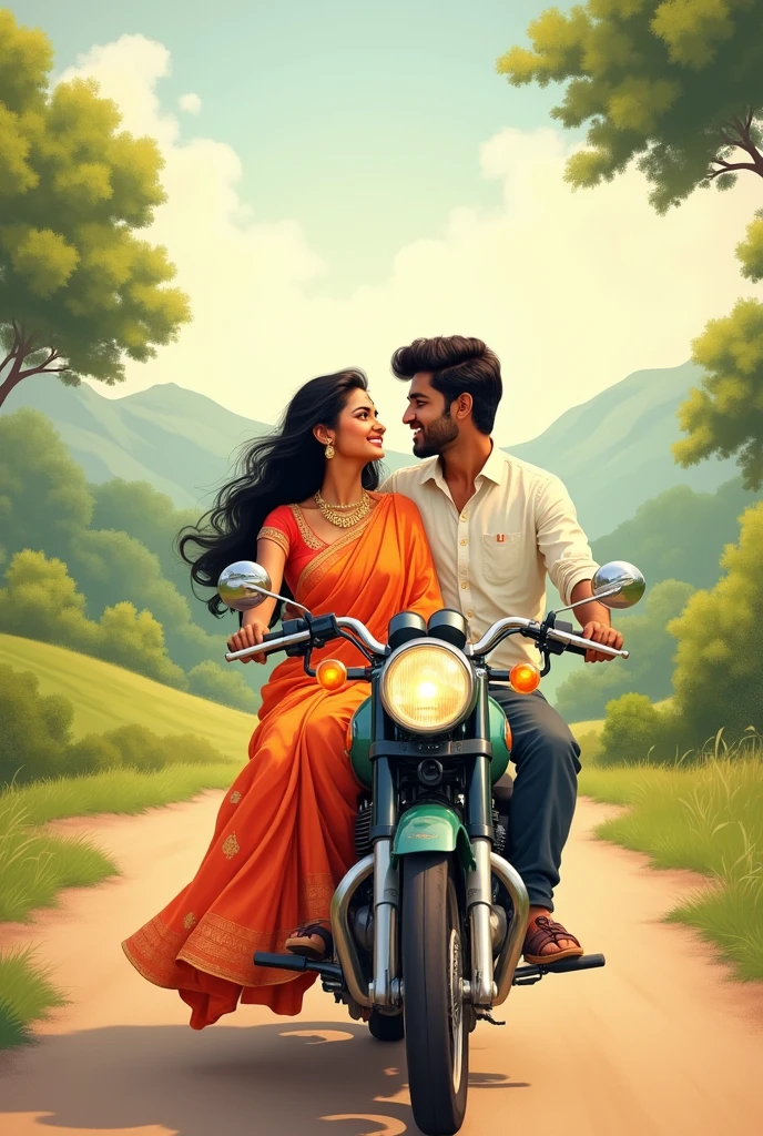 Beautiful southindian couples. Romantic sitting. Illustration image. Romantic look and smile. Bike riding on the road