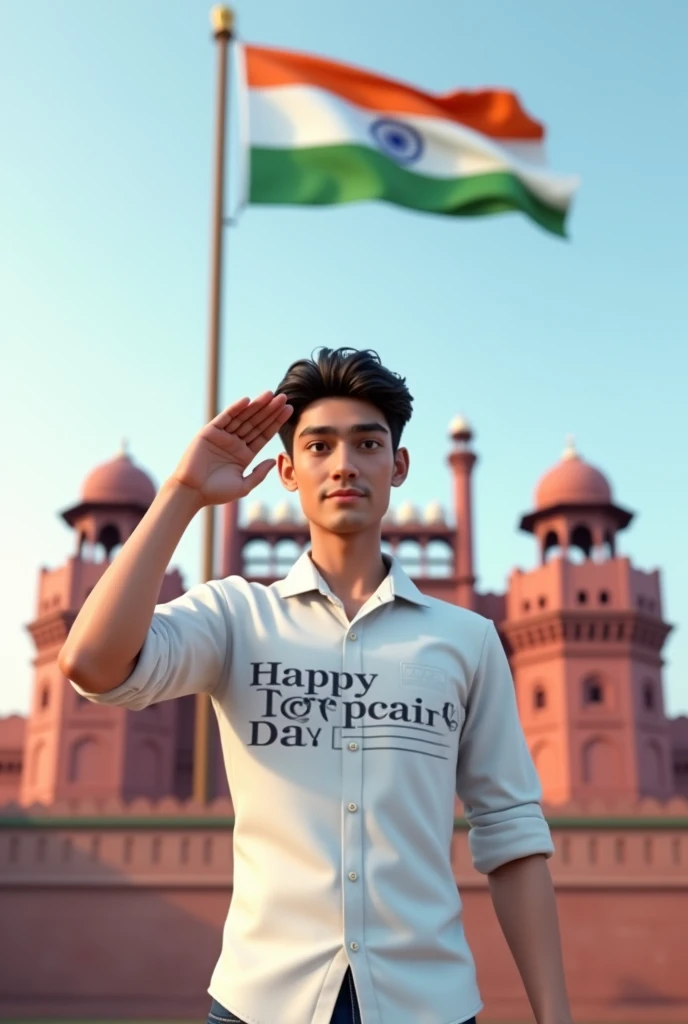 Create a 3D Realistic image of 22 years old boy is wearing White color shirt and saluting to indian flag and behind him red fort placed a hoisting flag on that, written Happy Independence Day 2024" on the sky and "SM Star Podcast" is written on his shirt with bold letters and also in overall image has the divine background like indian republic day. Everyone is celebrating.