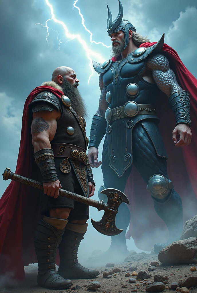 Dwarf warrior facing Thor, God of Norse mythology