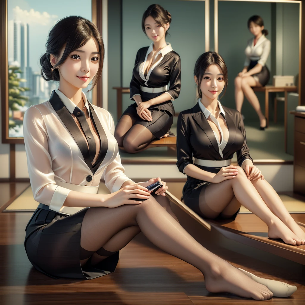 (best quality, masterpiece:1.5), (ultra-detailed, realistic:1.37),4K,(woman:1.5),japanese,cute,beautiful,(silk office uniform:1.2),(skirt:1.2),(black pantyhose),(seiza),(big breast),(see through blouse),(bra),smile,