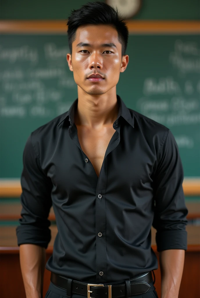 Vietnamese gentleman, 25 years old,super big breasts ,teacher,shiny tight clothes, tanned skin,Handsome and elegant, Wearing a  uniform, sexy , Masculine and handsome，musculous，Muscles look good,,, Full body photo,(ultra-detailed, photorealistic, best quality, 4k, 8k, highres, masterpiece:1.3), a mature man, charming and distinguished , (muscular build body), wearing tailored shiny  dress shirt,  sweat, unbutton buttons shirt, lewd face ,tight chest, sex,See-through shirt, erotic, horny, , Accessories include a luxury wristwatch, in the Classroom‎,looking at viewer,muscle veins,no underwear ,Tight shirt makes muscle,unbutton,six pack,squat,view from below