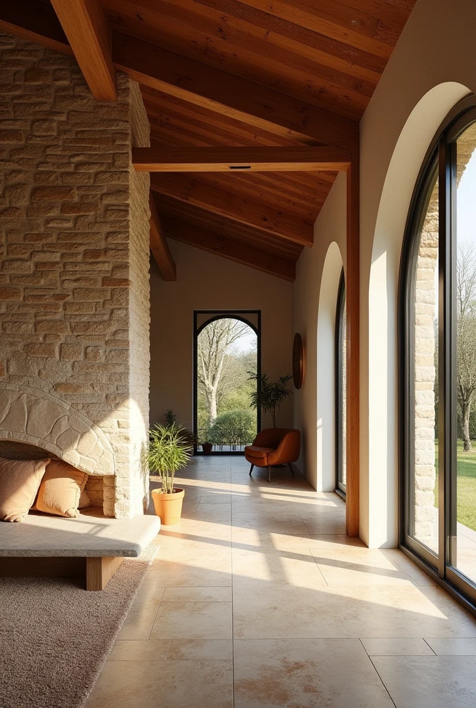 1. Propuesta de Materials (Mood board)
concept: Fusion of traditional and modern materials.
Materials:
Natural Wood: Perfect for floors, roof beams and furniture, bringing warmth and durability.
stone: Una mezcla de stone tradicional para muros y stone pulida para detalles, achieving a balance between rustic and elegant.
Clay Tiles: For ceilings and floors, bringing historical authenticity to the space.
Sustainable Insulation: Use of ecological materials like straw, hemp or recycled wood fiber to maintain a comfortable indoor temperature.
glass: glasss de alta calidad y eficiencia energética para ventanas, improving natural light and connecting the interior with the exterior.
Suggested Images: Sample wood photos, stone, Clay Tiles, eco-friendly insulation materials and glass windows.