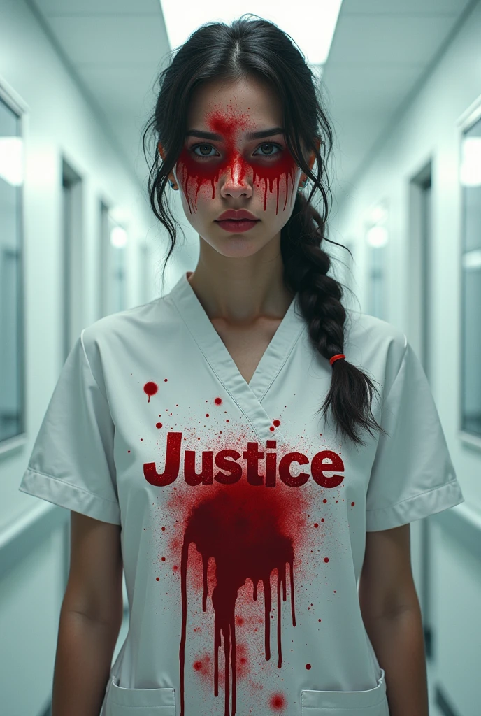 Create an image of female doctor in apron and in her apron tere are lots of blood slashed. Dont show her face mention justice in red colur on her face.
