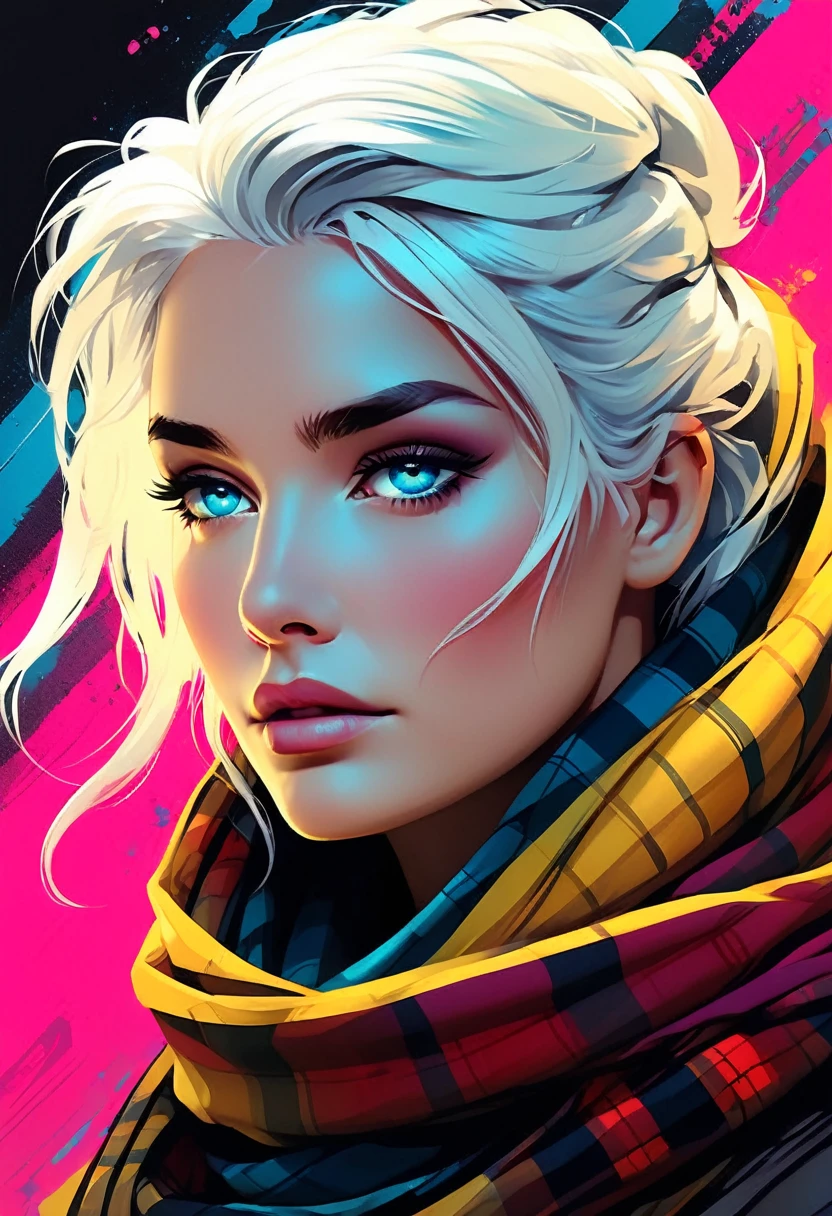 Midjourney, MJ, Midjourney style, poster, light background, close-up, highly detailed portrait of halo, blue eyes, tartan scarf, white hair by atey ghailan, by greg rutkowski, by greg tocchini, by james gilleard, by joe fenton, by kaethe butcher, gradient yellow, black, brown and magenta color scheme, grunge aesthetic!!! graffiti tag wall background