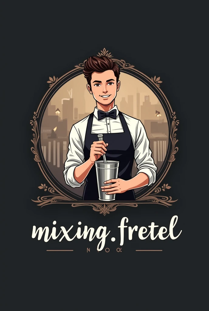 (Logo 1:1) for instagram page, The text must say "mixing.fretel", with a boston shaker in the middle, that looks elegant and professional, Water mark of an anime bartender bar background