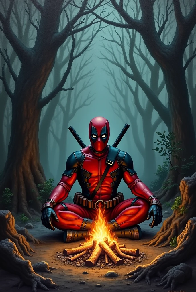 A dark fantasy painting of a Deadpool in forest, Sitting around a campfire , dark fantasy 70s art
