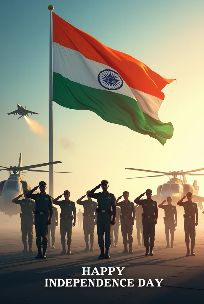 Indian flag with Indian para SF forces salute to flag around choppers , fighter jets and write this image 'Happy Independence day' 