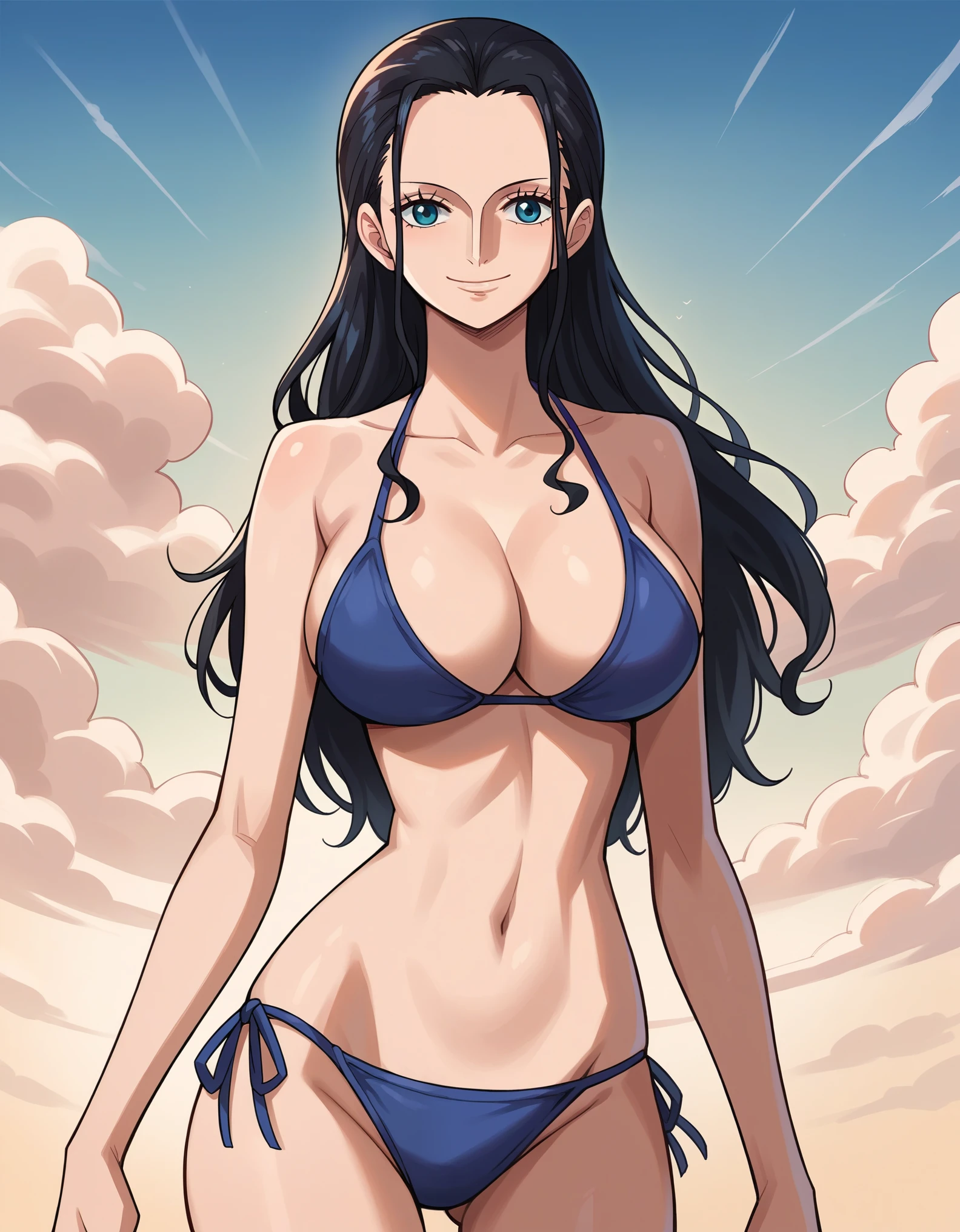 score_9, score_8_up, score_7_up, best quality, source_anime, clear face, 1girl, Nico Robin, black hair, long hair, blue eyes, large breasts, bikini, cleavage, smile, looking at viewer, from front, sky, standing, sexy pose