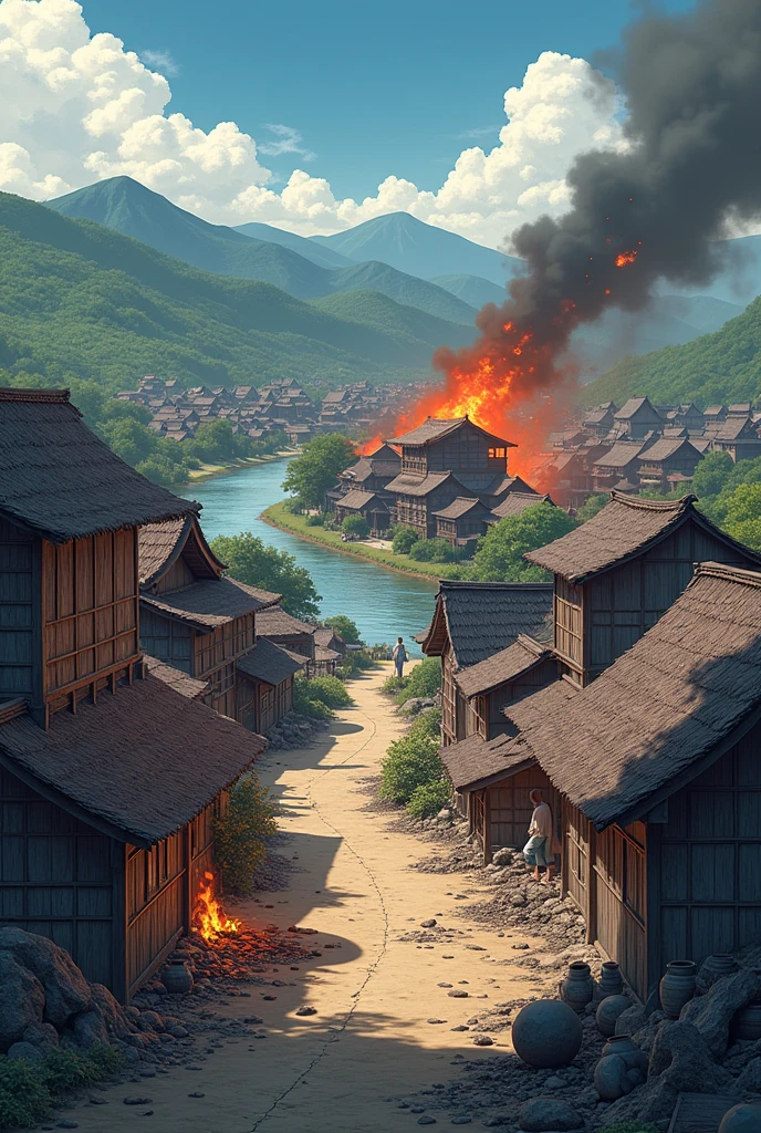 anime background Ancient Japanese village destroyed and burned