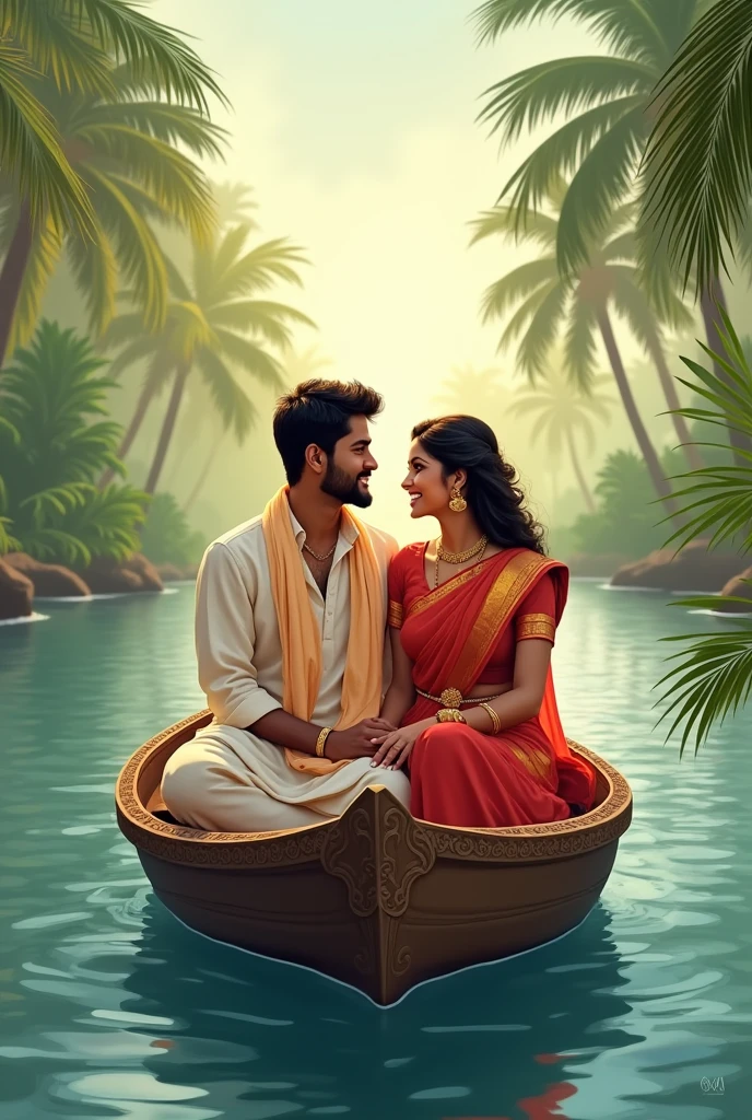 Beautiful southindian couples. Romantic sitting. Illustration image. Romantic look and smile. Riding in the boad in the beautiful river