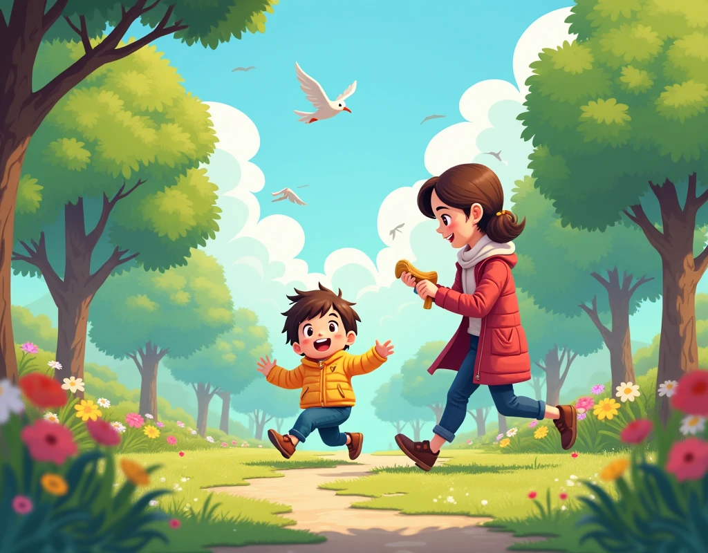 masterpiece, Highest quality, 8k, high details, Cute pixel art:1.3, The scene is set in a lively park with green trees and open spaces. The child is running around playfully without wearing a hat or coat, smiling brightly. The mother, standing nearby, holds the child’s hat and coat, looking slightly concerned yet smiling. The atmosphere is cheerful and vibrant, with birds in the sky and flowers blooming.