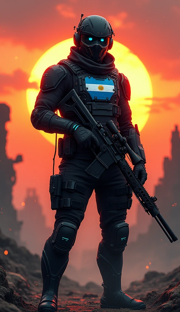 Create a full-body digital illustration of a futuristic sniper warrior in a post-apocalyptic setting. The character, a male figure, stands prominently in the foreground, dressed in a sleek black tactical suit adorned with the Argentine flag insignia on the chest. The suit features advanced technological elements, glowing circuitry, and armored plates. A high-tech mask covers the lower half of his face, while his eyes remain visible, radiating determination and intensity. He wears a tactical helmet equipped with a headset and microphone, suggesting advanced communication capabilities. In his hands, he wields an Accuracy International AW sniper rifle, customized with futuristic modifications. The 7.62x51 weapon boasts intricate blue neon detailing and holographic sights. The background depicts a dramatic, glowing sunset, casting warm hues across a desolate landscape. Ruined structures and scattered debris hint at the post-apocalyptic world. Emphasize the contrast between the high-tech warrior and the ravaged environment. Use lighting to create a sense of drama and mystery, with the warrior's silhouette cutting a striking figure against the vibrant sky. Incorporate subtle details like dust particles and heat distortion to enhance the atmosphere. Balance the composition to highlight both the character's imposing presence and the vast, haunting backdrop, conveying a sense of isolation and resilience in this high-tech wasteland.