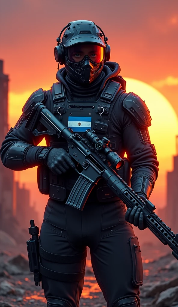 Create a full-body digital illustration of a futuristic sniper warrior in a post-apocalyptic setting. The character, a male figure, stands prominently in the foreground, dressed in a sleek black tactical suit adorned with the Argentine flag insignia on the chest. The suit features advanced technological elements, glowing circuitry, and armored plates. A high-tech mask covers the lower half of his face, while his eyes remain visible, radiating determination and intensity. He wears a tactical helmet equipped with a headset and microphone, suggesting advanced communication capabilities. In his hands, he wields an Accuracy International AW sniper rifle, customized with futuristic modifications. The 7.62x51 weapon boasts intricate blue neon detailing and holographic sights. The background depicts a dramatic, glowing sunset, casting warm hues across a desolate landscape. Ruined structures and scattered debris hint at the post-apocalyptic world. Emphasize the contrast between the high-tech warrior and the ravaged environment. Use lighting to create a sense of drama and mystery, with the warrior's silhouette cutting a striking figure against the vibrant sky. Incorporate subtle details like dust particles and heat distortion to enhance the atmosphere. Balance the composition to highlight both the character's imposing presence and the vast, haunting backdrop, conveying a sense of isolation and resilience in this high-tech wasteland.