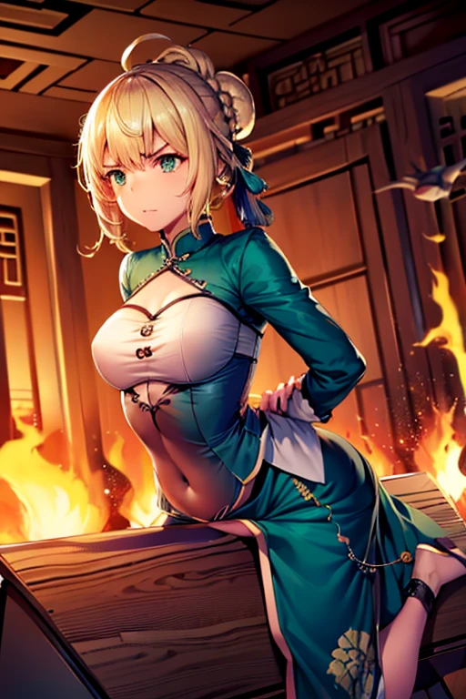 Tabletop, Highest quality, High resolution, CC Saver, Blonde, Green Eyes, Ahoge, (Chinese clothing:1.3),  Frowning,, One Girl, Trojan horse, rubbing the crotch, Thought-provoking liquid, shibari,, Tabletop, Highest quality, Very detailed、(fold your hands behind your back:1.5)、Hmph, Large Breasts,  Focus on women, whole body,  juice, Sweat, (Straddling a Trojan horse:1.3)、Glare