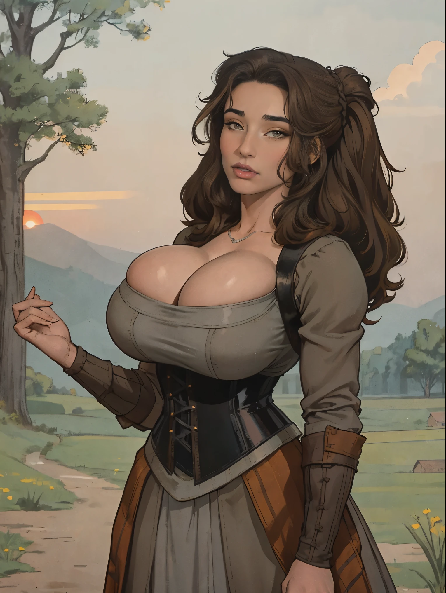 Gorgeous and sultry busty athletic (thin) brunette peasant with sharp facial features wearing a modest updo, medieval hair cover, rough-spun grey and brown medieval dress, long sleeves, wide neck, long dress, tight bodice, corset, Middle Ages, cottage, farm, exterior, trees, countryside, evening, sunset.
