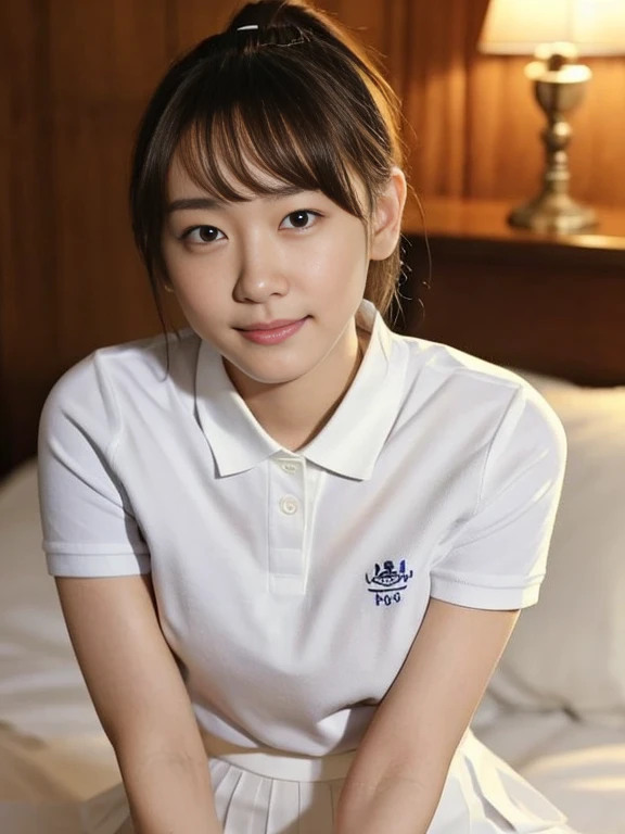 (Masterpiece, Best quality:1.3), (Ultra realistic, Photo-realistic:1.2), Natural light, 28 years old actress, Japanese beautiful 2 women, Neat and clean, (White tennis uniform, White short-sleeve polo shirt with darknavy line collar:1.1), (unbutton:1.2), (White pleated skirt:1.1), (damaged:1.1), white sock, (ponytail:1.2), (Beautiful faces), Oval face, clear, Beautiful eyes, Kind eyes, Clear skin, Small face, Beautiful mouth, Small mouth, Natural makeup, Approachable, Seductive smile, (Seductive pose:1.2), Beautiful thighs, Bedroom eyes, Embarrassed, Blush, Luxury hotel Suite room, On bed, (nsfw:1.1), obscene reality of girls, (lesbian couple, petting together:1.2), looking at each other, grabbing crotch, erotic hug,