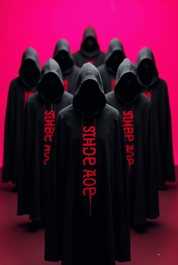 Nine men in black hooded cloaks, with large red letters in the middle that read 'Los Cachorros' in Spanish, and a pink background.